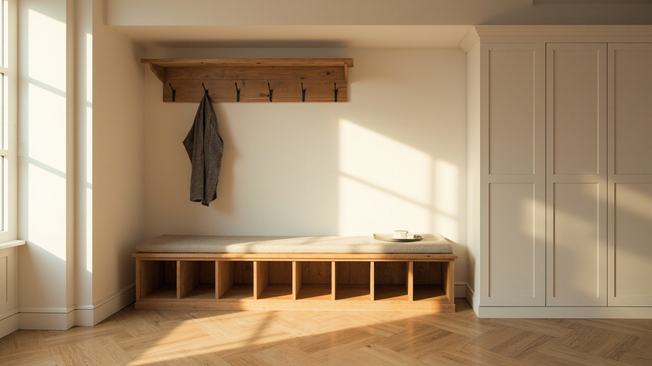 Wide entryway with hall tree, wall coat rack, vertical shoe tower, and drop-zone console