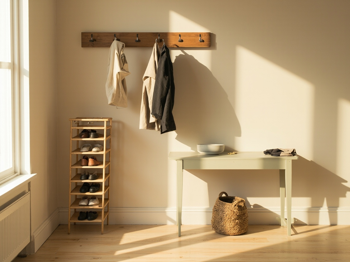 Weekly small entryway reset with coats on hooks, capped shoes, key tray, and glove basket