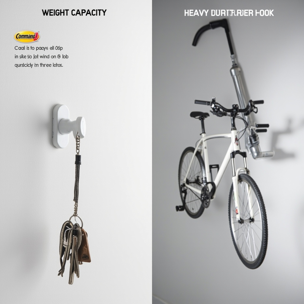 Side-by-side comparison of a small Command hook holding keys next to a heavy-duty garage hook holding a bicycle