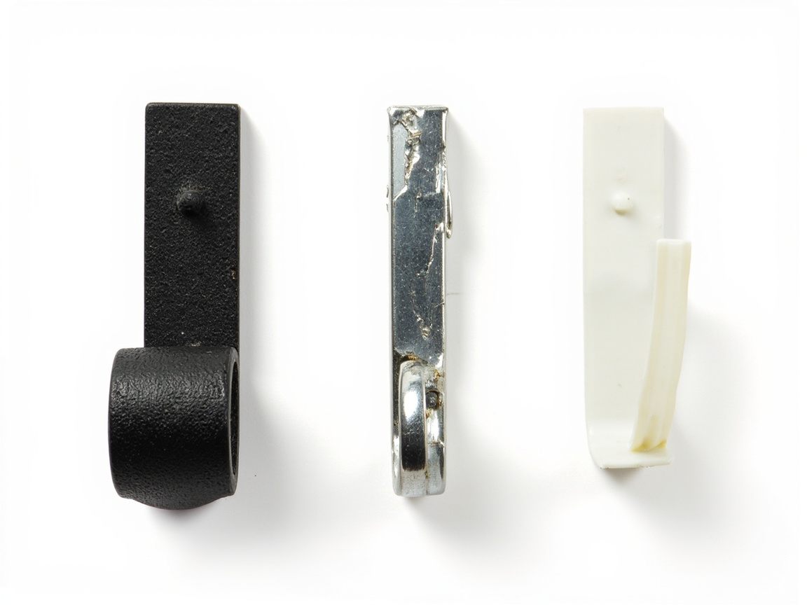 Three hook build quality comparison: thick powder-coated steel hook vs thin painted metal vs cheap plastic hook