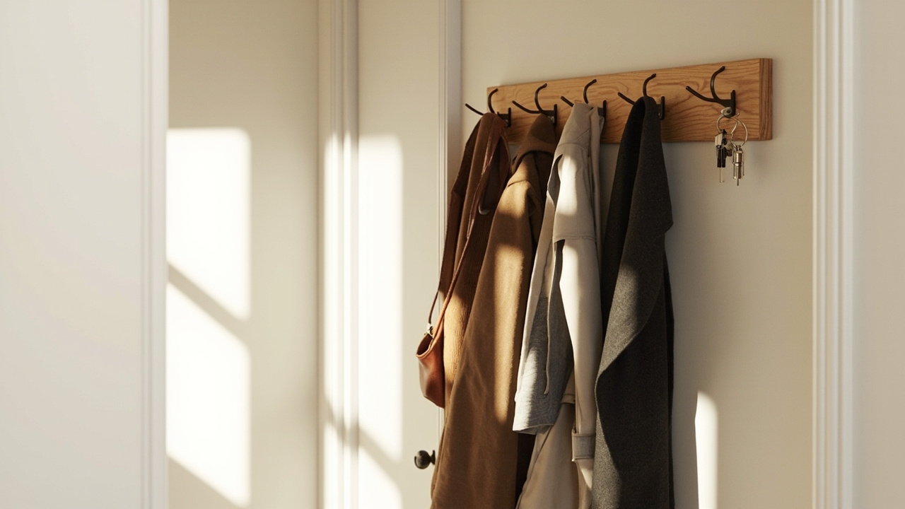 Entryway with wall-mounted wood coat rack holding coats and bags, with small Command hooks for keys