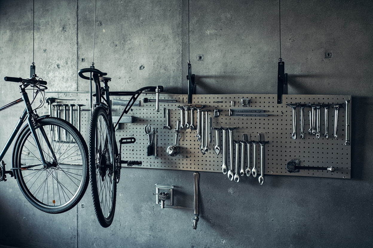 Organized garage wall with heavy-duty steel hooks holding bicycle and ladder plus metal pegboard with categorized tools