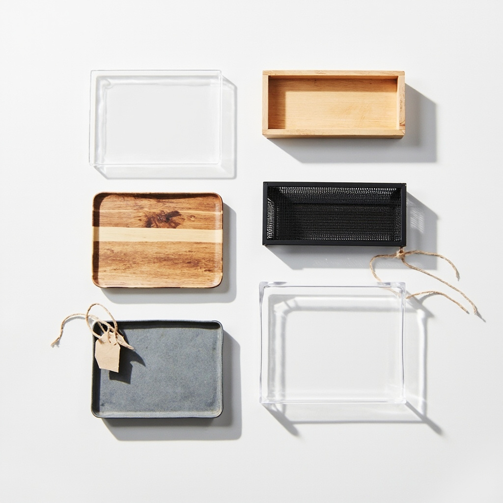 Four drawer organizer material samples laid flat: plastic, bamboo, metal mesh, and acrylic
