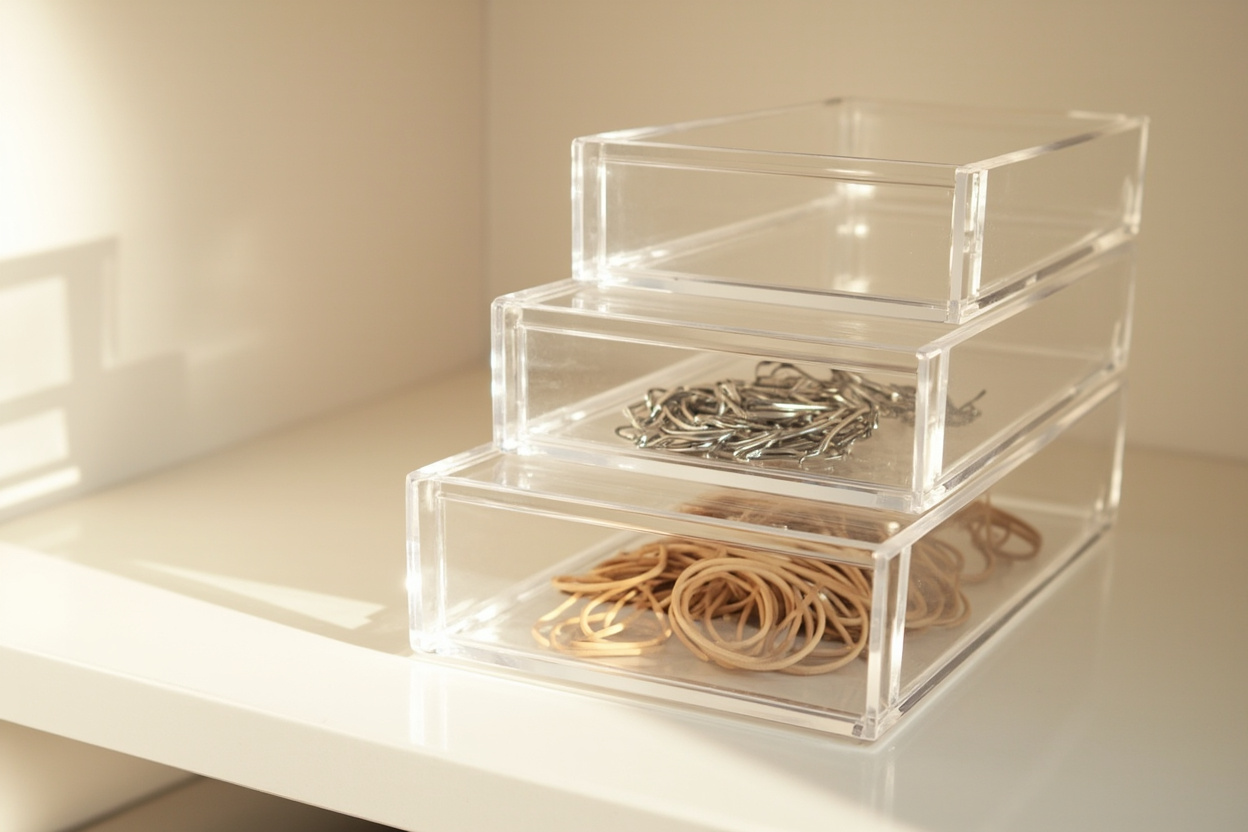 Clear plastic drawer organizer trays stacked vertically on a shelf showing modular nesting design