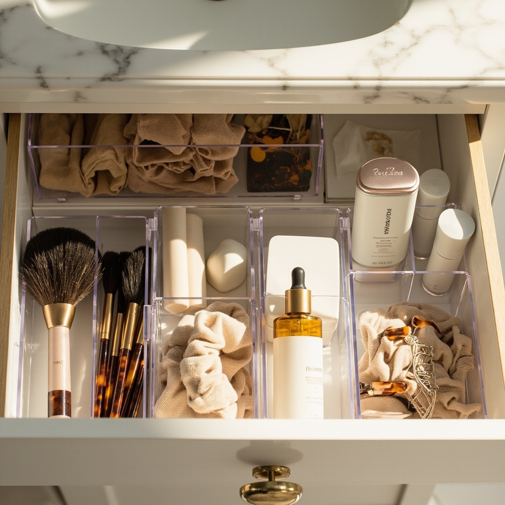 Top-down view of a bathroom vanity drawer organized with clear plastic modular organizers for skincare and makeup