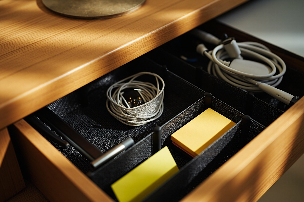 Open desk drawer with a black mesh organizer holding office supplies, pens, and tech accessories