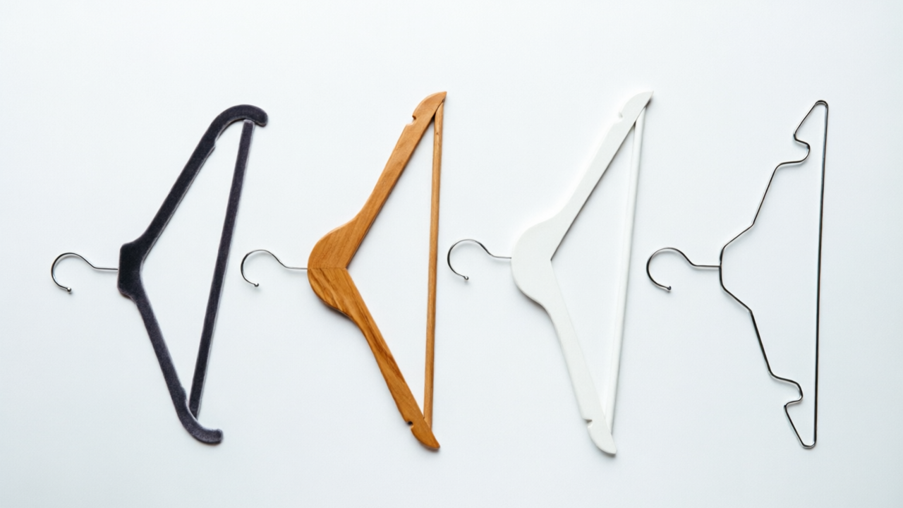 Hanger types comparison showing velvet, wood, wire, and plastic hangers side by side