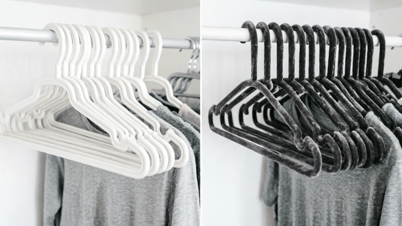 Closet rod comparison showing velvet slimline hangers fitting twice as many garments as standard plastic hangers