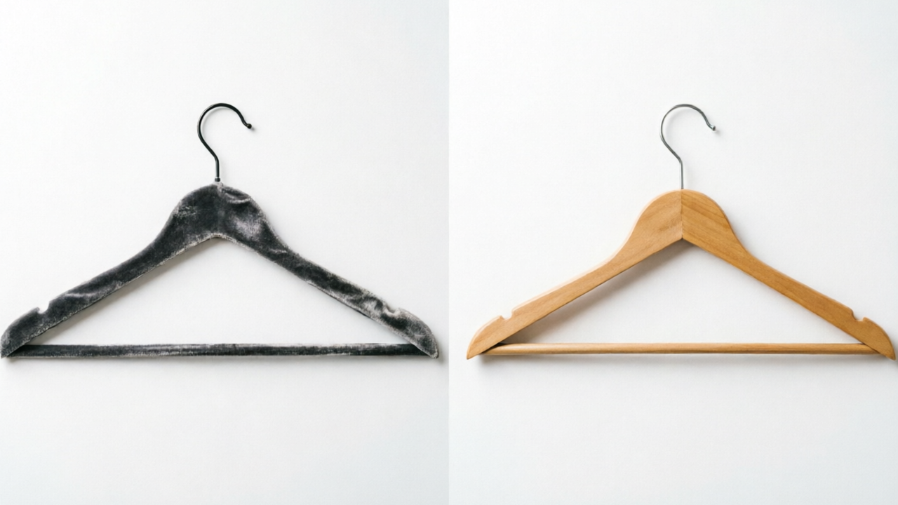 Durability comparison showing velvet hangers lasting 3-5 years and wooden hangers lasting 10-plus years