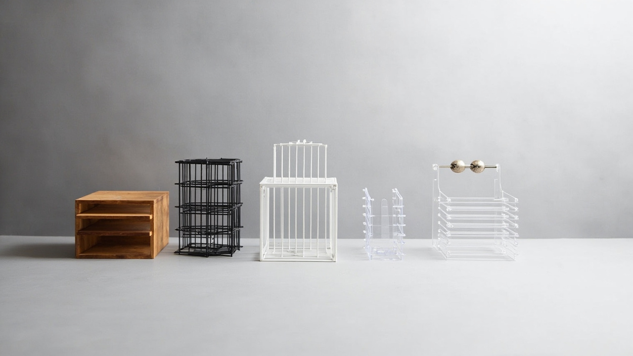 Five shelf organizer types side by side: stackable, wire cube, expandable, divider, and over-the-door hanging