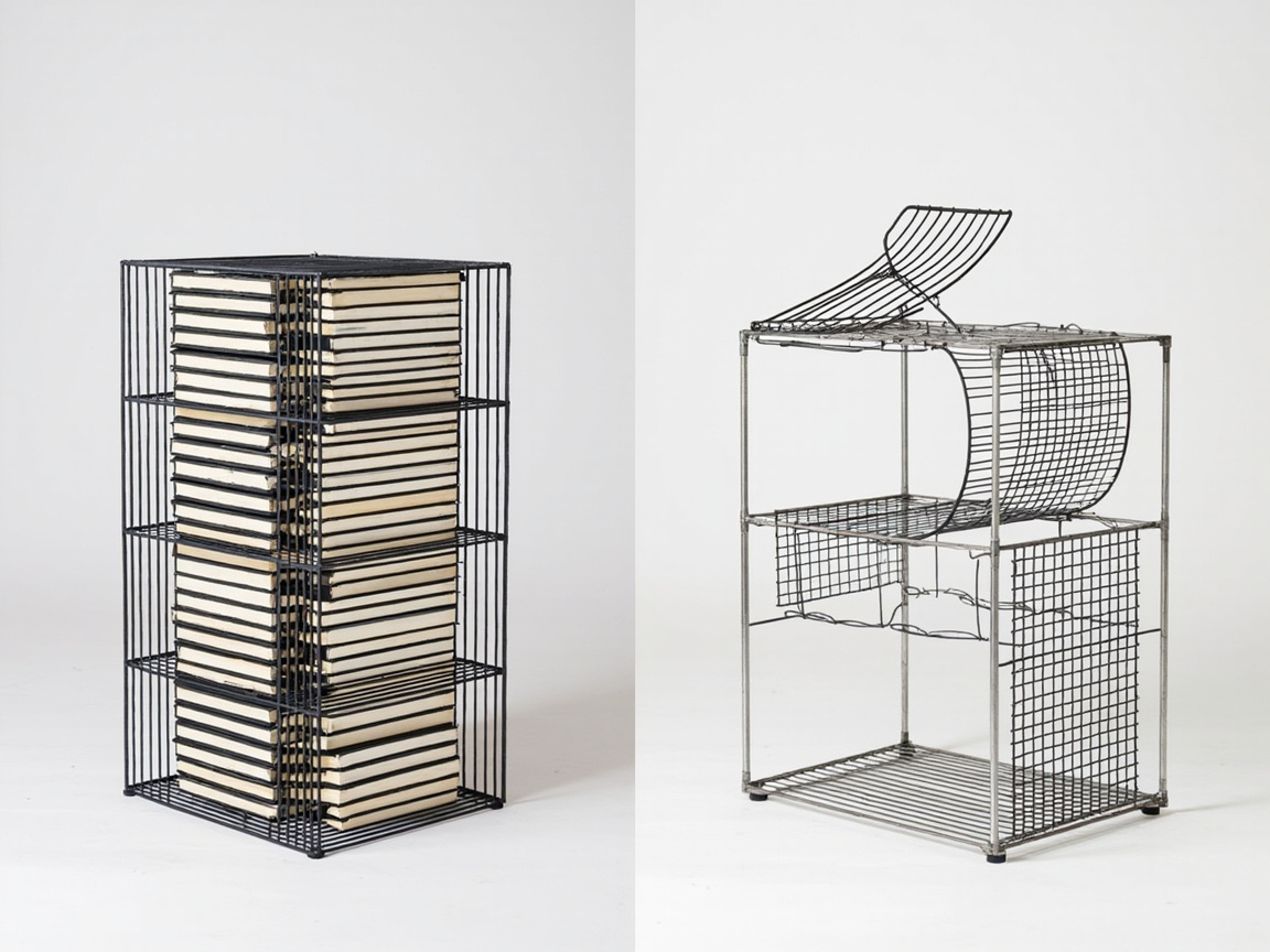 Side-by-side comparison of a heavy-duty wire cube holding books solidly vs a sagging thin wire shelf failing under weight