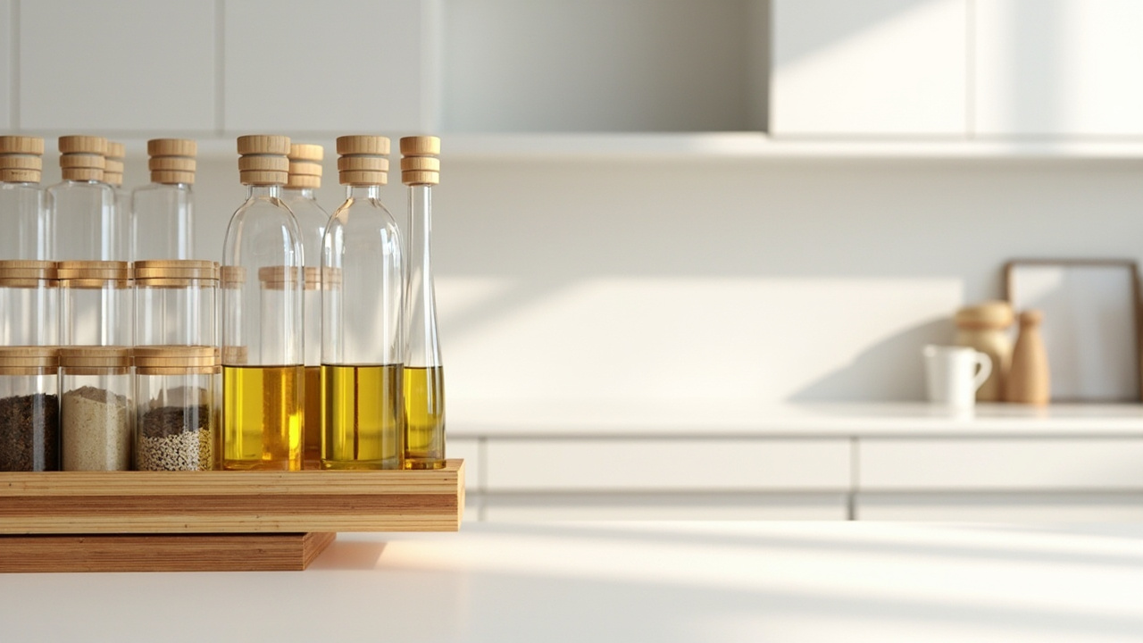Kitchen counter with stackable bamboo shelf risers organizing spices and oil bottles