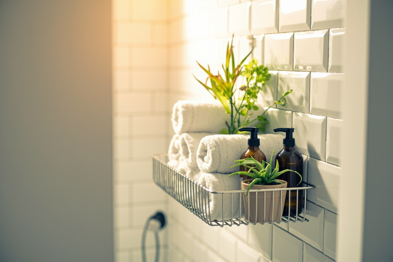 Small bathroom with over-the-door hanging metal shelf organizing towels and toiletries