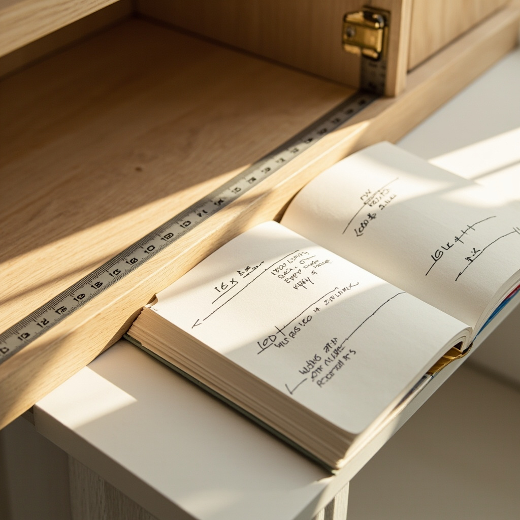 Tape measure measuring shelf dimensions with notepad showing width depth and height