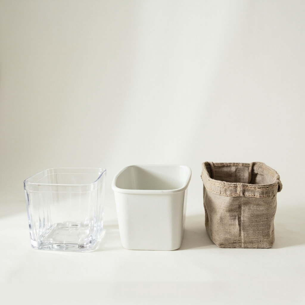 Comparison of three storage bins showing plastic clear acrylic and fabric material options