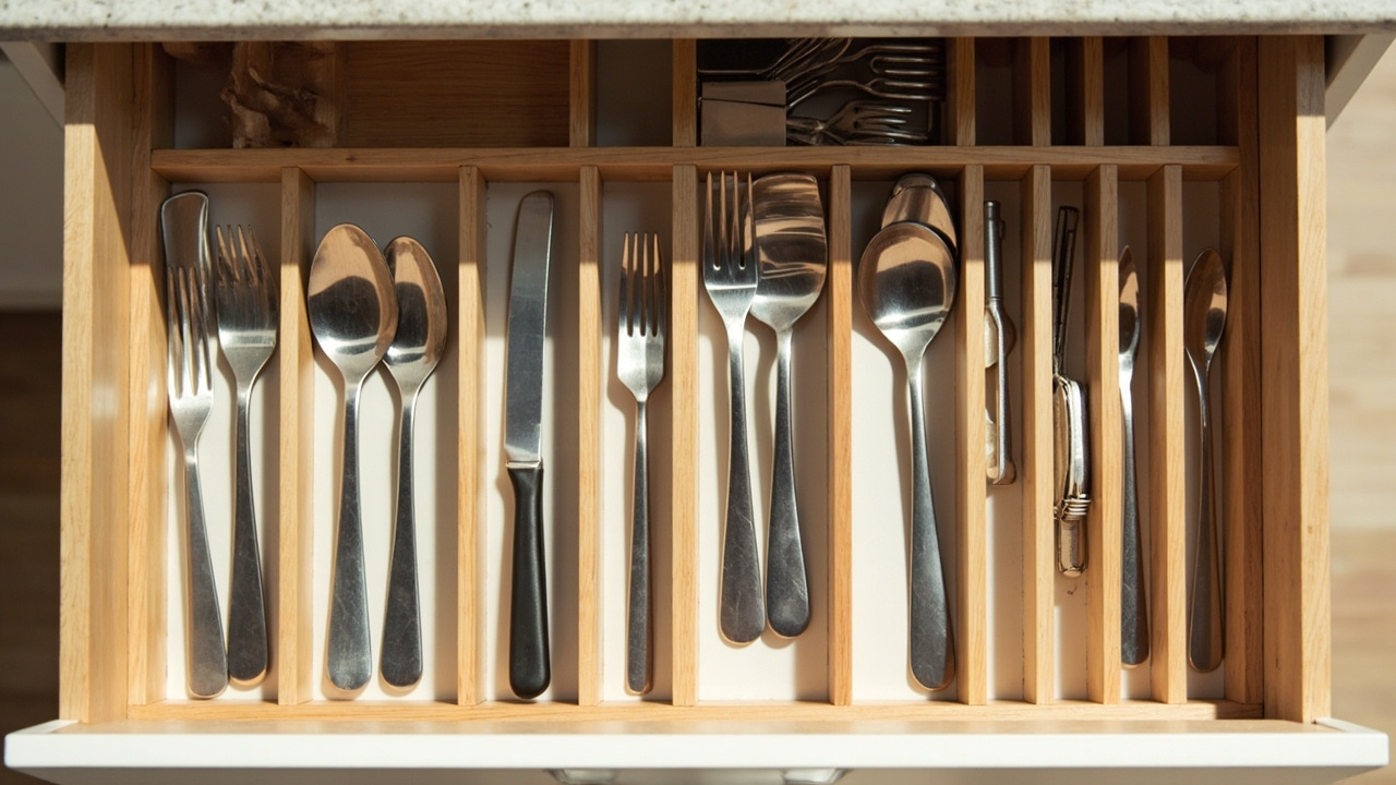 Kitchen drawer with adjustable bamboo dividers organizing utensils and gadgets neatly