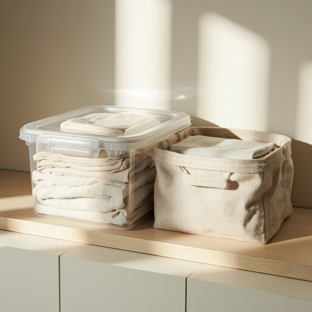 Kitchen pantry shelf with clear plastic bins holding dry goods