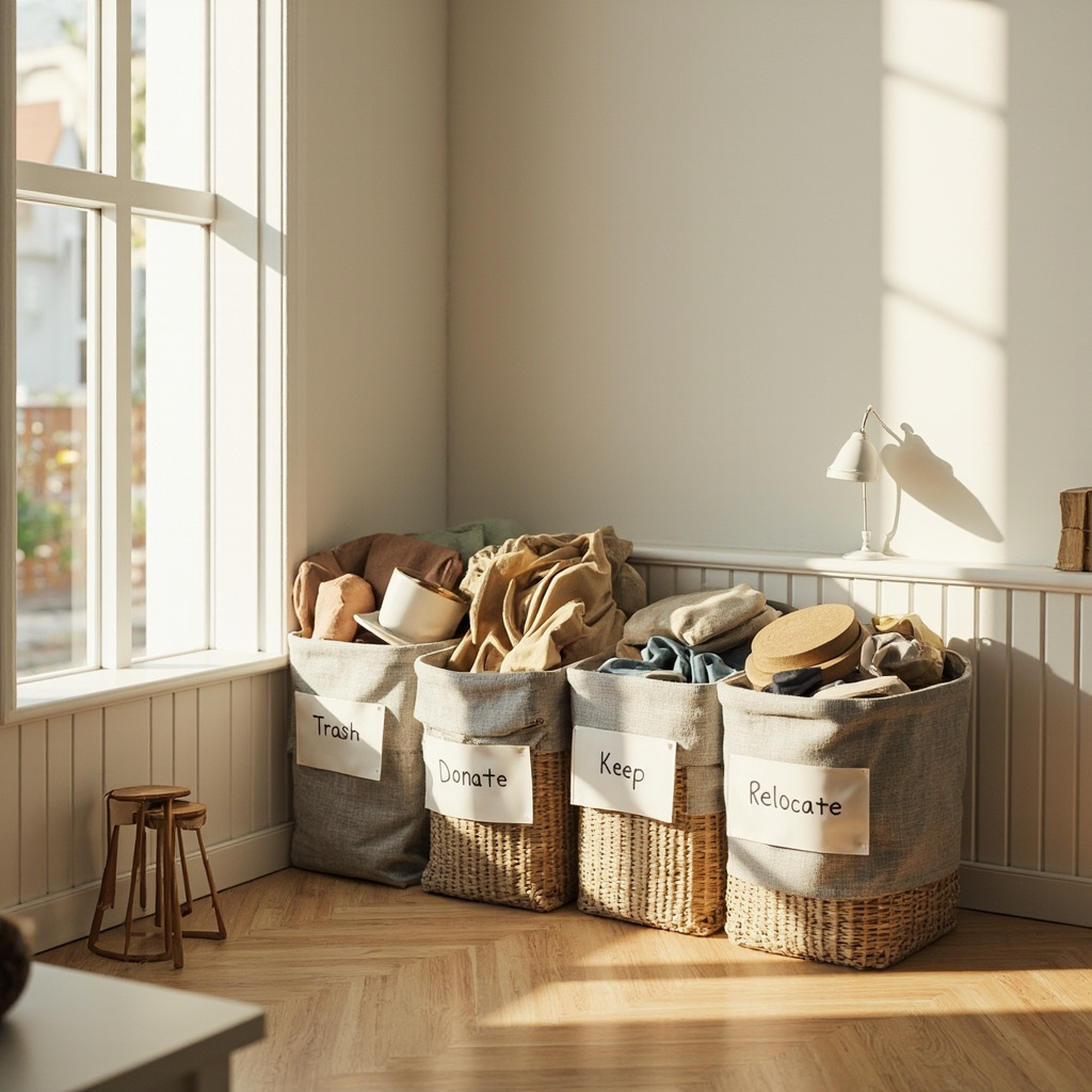 Closet shelf with fabric storage bins holding folded sweaters
