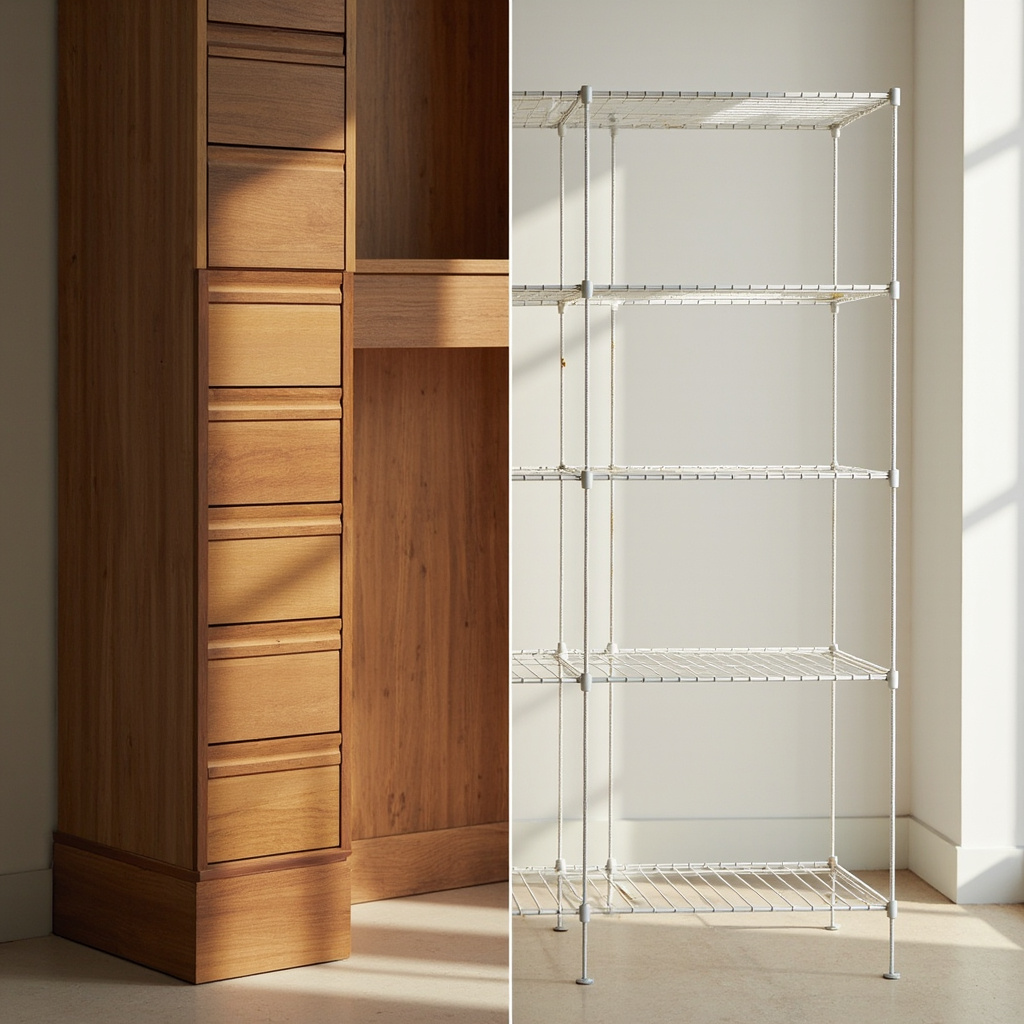 Side-by-side durability comparison showing wood closet system (15-25 years) vs wire cube system (5-10 years)