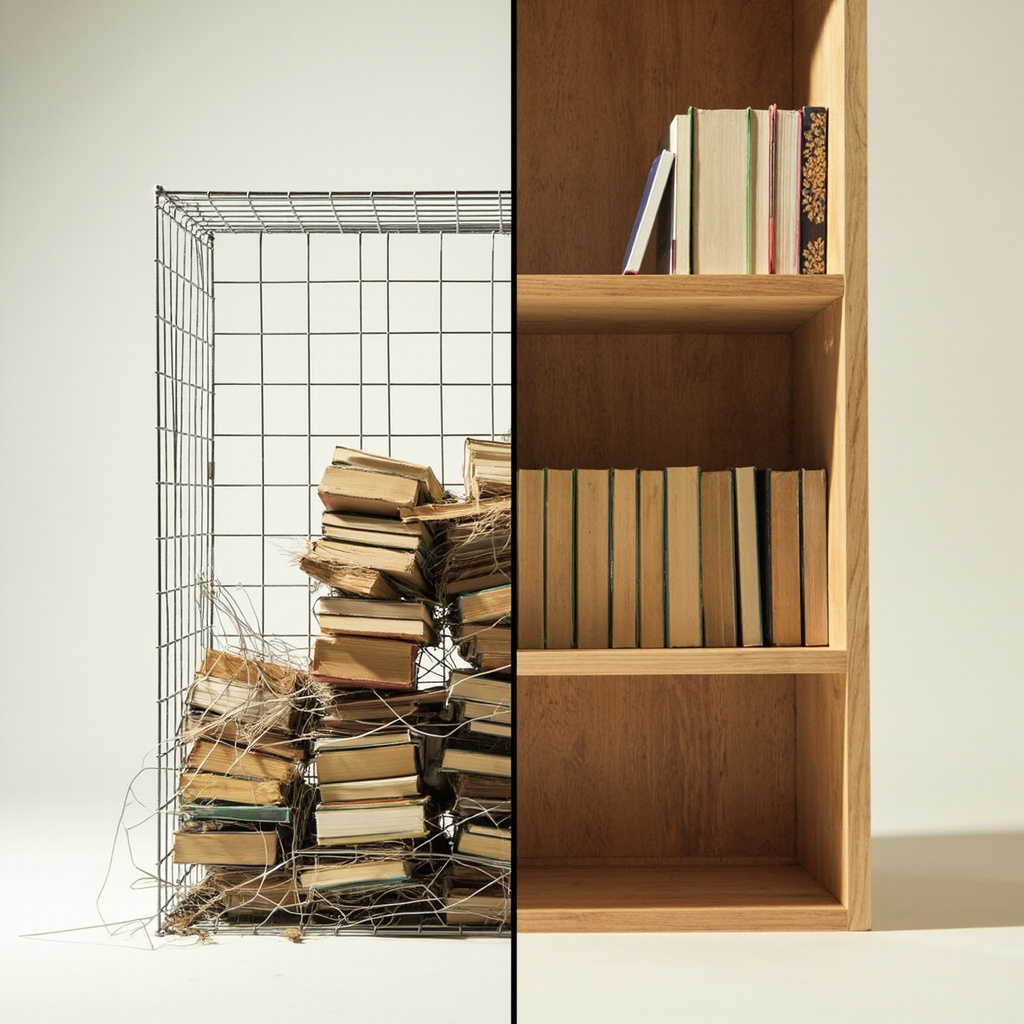 Side-by-side weight capacity comparison showing wire cube sagging under books vs wood closet system holding books solidly
