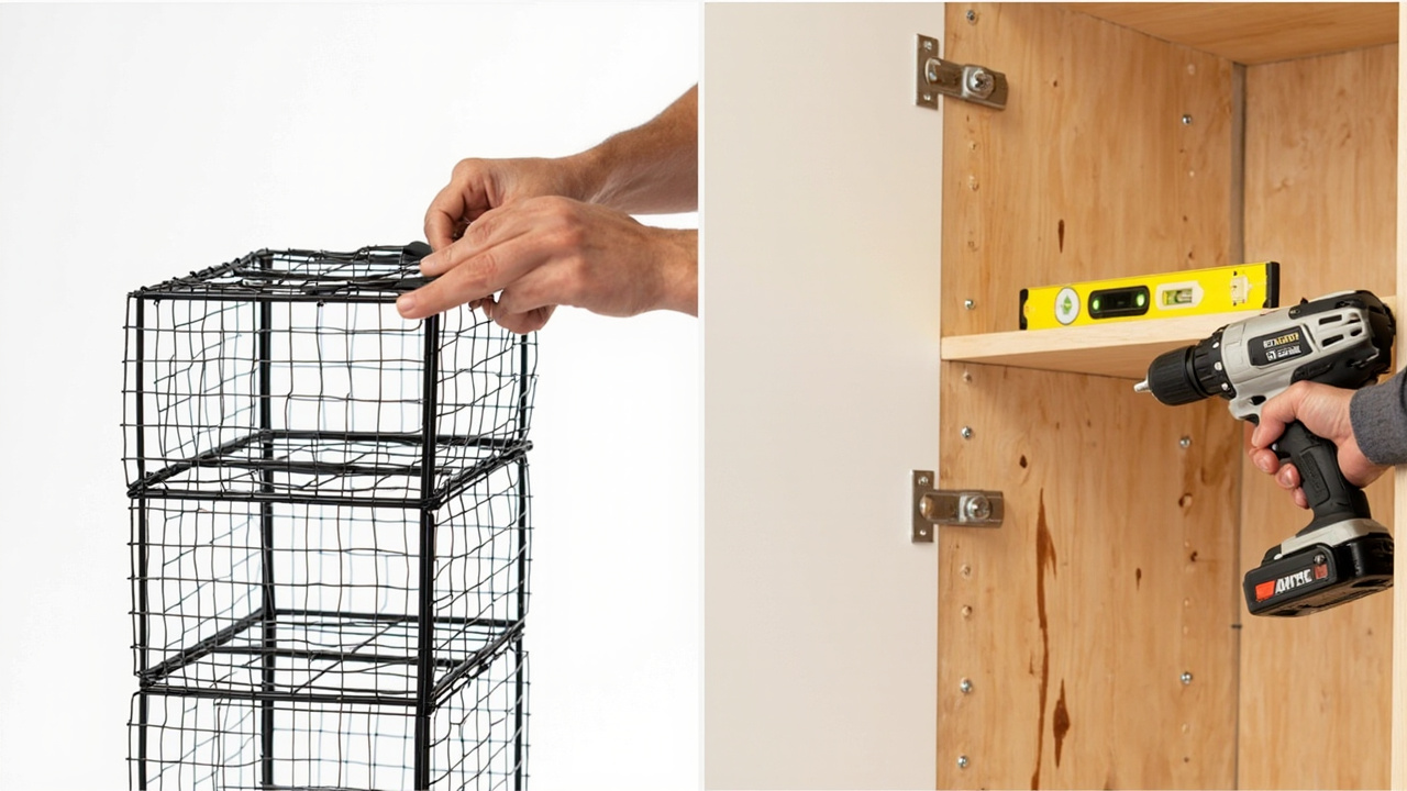 Side-by-side installation: wire cube snap-together assembly (left) vs wood closet drill-and-level install (right)