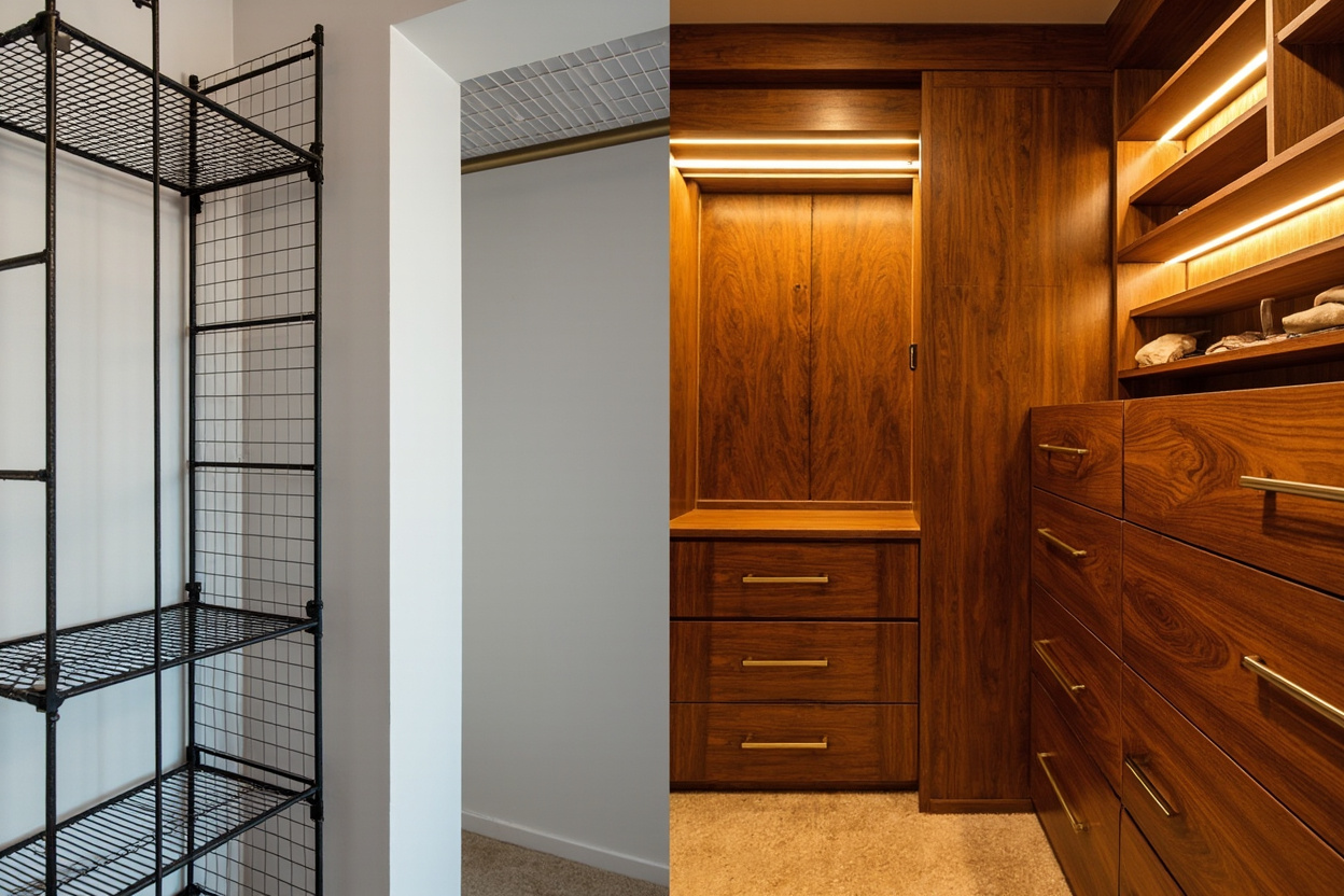 Side-by-side aesthetic comparison showing utilitarian wire cube vs premium wood closet system
