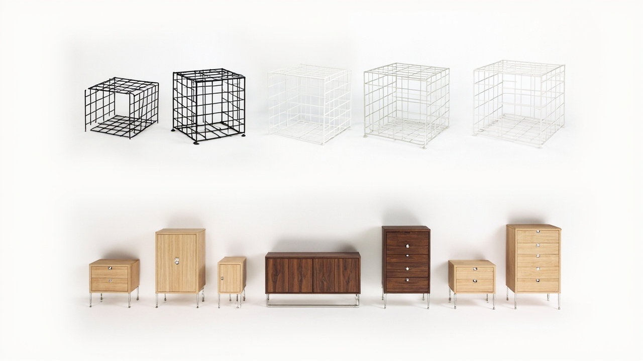 8-product grid showing 4 wire cube products on top row and 4 wood closet products on bottom row