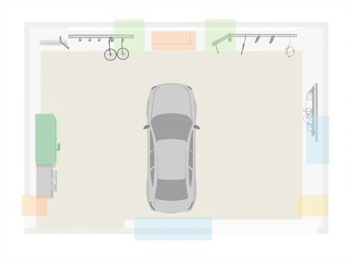 Compact 1-car garage layout with slim shelves, wall rail, and clear parking path