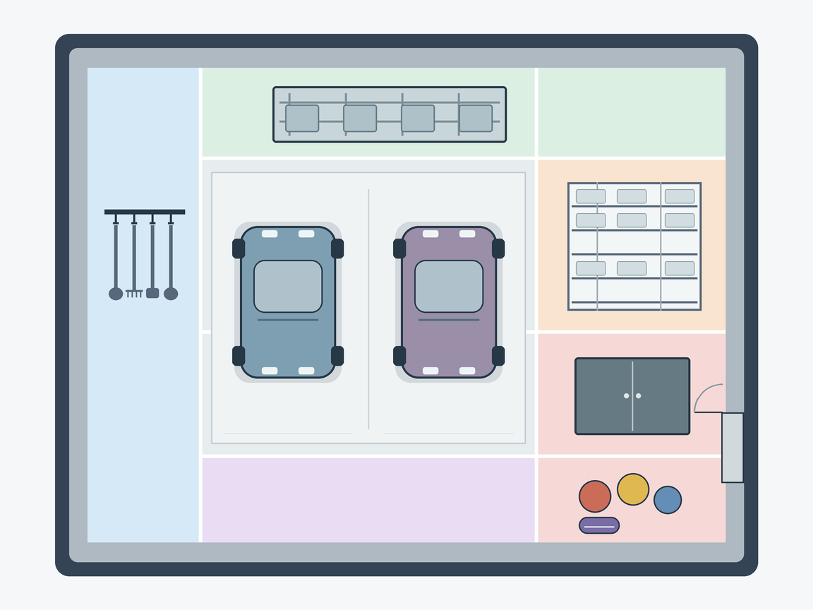 Spacious 2-car garage with dual wall storage, overhead rack, and shelving