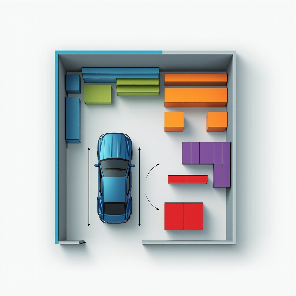 Top-down diagram of a 2-car garage showing 5 color-coded zones: wall, overhead, floor shelving, cabinet, and tool bench