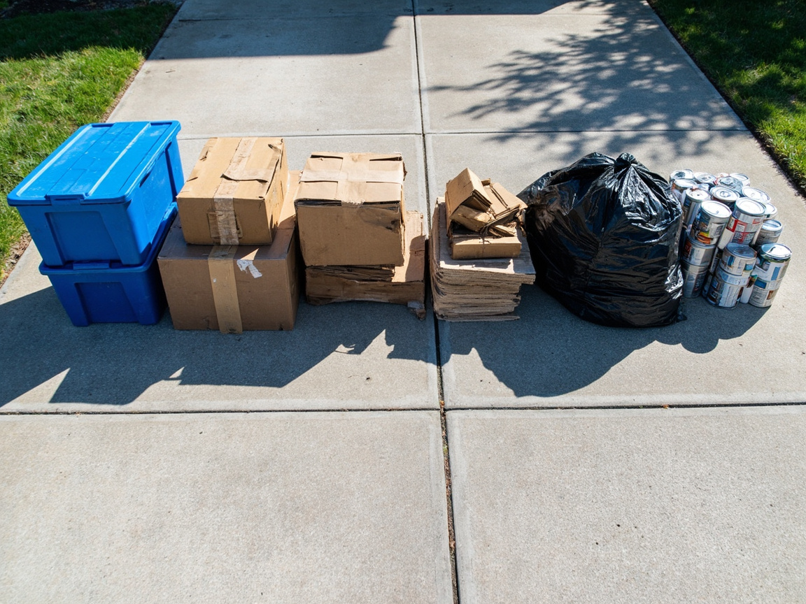 Five labeled sorting piles on a driveway: Keep, Donate, Sell, Trash, and Recycle