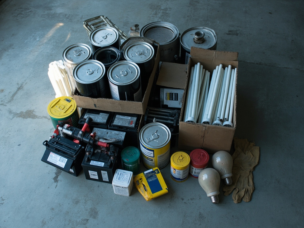 Hazardous waste items on concrete floor: paint cans, motor oil, batteries, and pesticides
