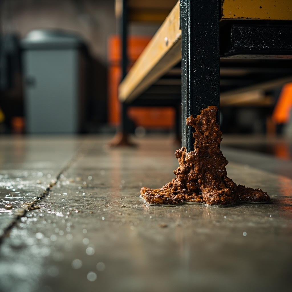 Split-screen showing plastic shelving staying dry versus metal shelving rusting on a damp concrete floor