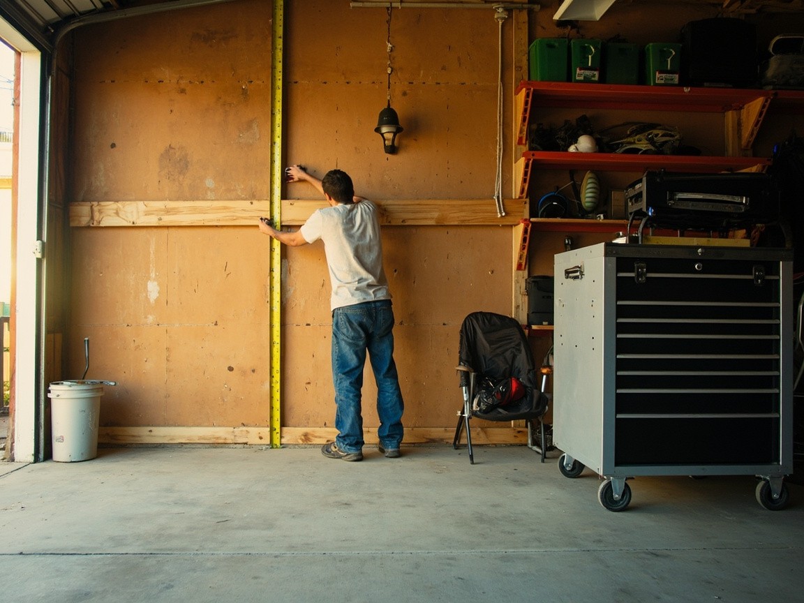 Measuring garage wall run for floor shelving placement with clearance notes