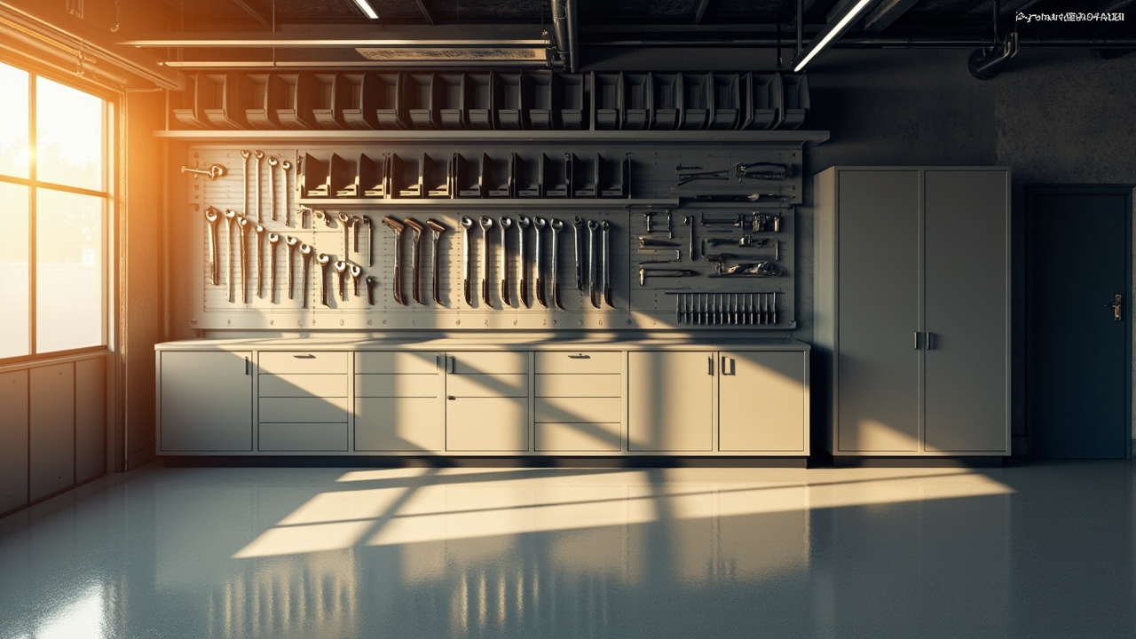 Organized garage with wall tool storage, shelving, and clear parking floor