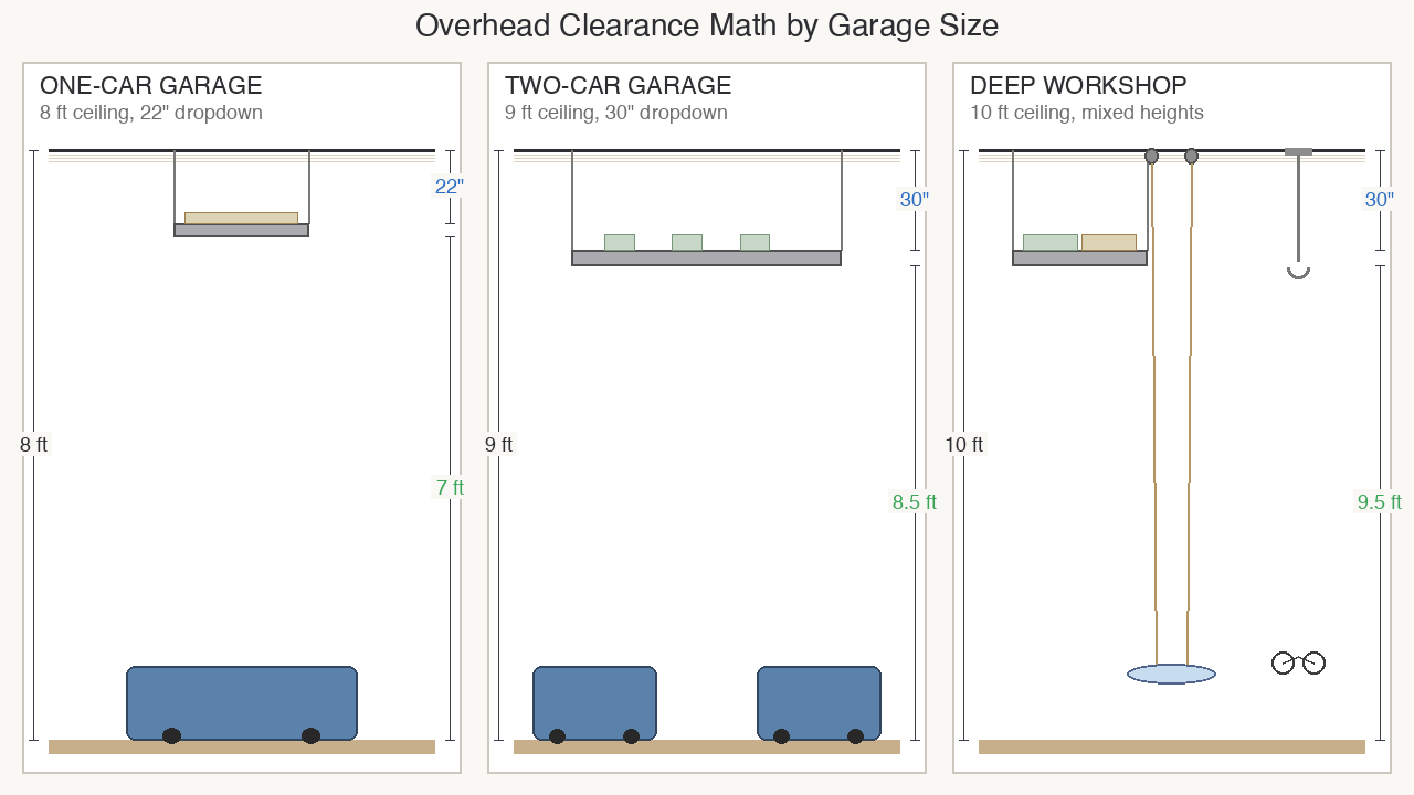 Garage clearance diagram: 8-foot ceiling with 22-inch drop, 9-foot ceiling with 30-inch drop, and mixed-height workshop