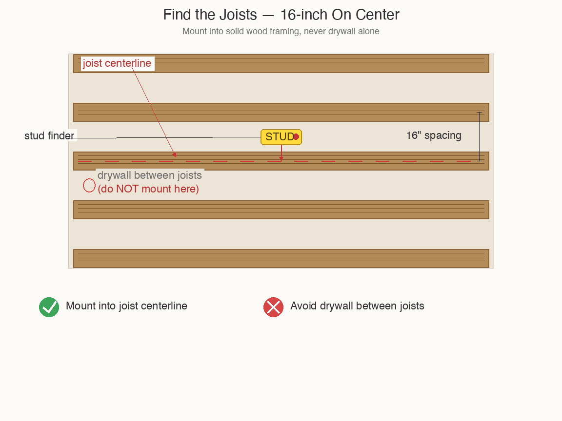Joist diagram: 16-inch spacing, stud finder on centerline, and unsafe drywall areas marked