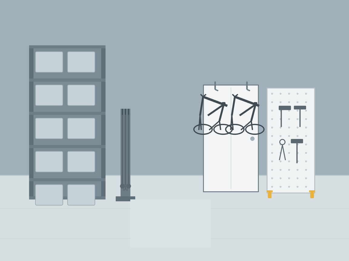 Rental-friendly freestanding garage shelving with bins and no wall damage