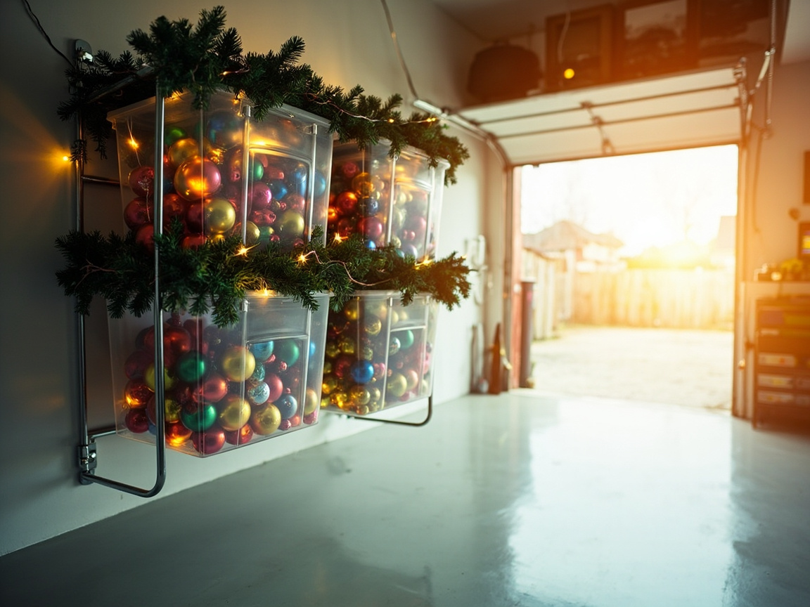 Holiday decoration storage zone with labeled bins for each season