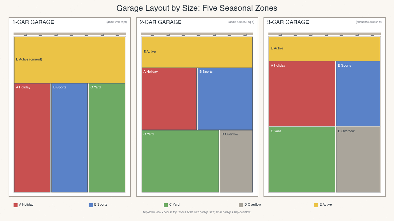 Top-down garage layouts showing five seasonal zones in one-car two-car and three-car garages
