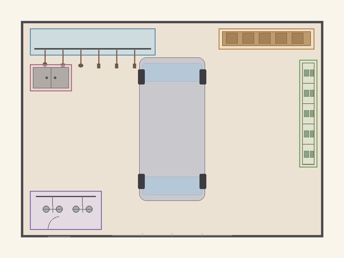 Top-down 1-car garage floor plan with car and five color-coded zones: rail, shelving, overhead rack, cabinet, bike hooks