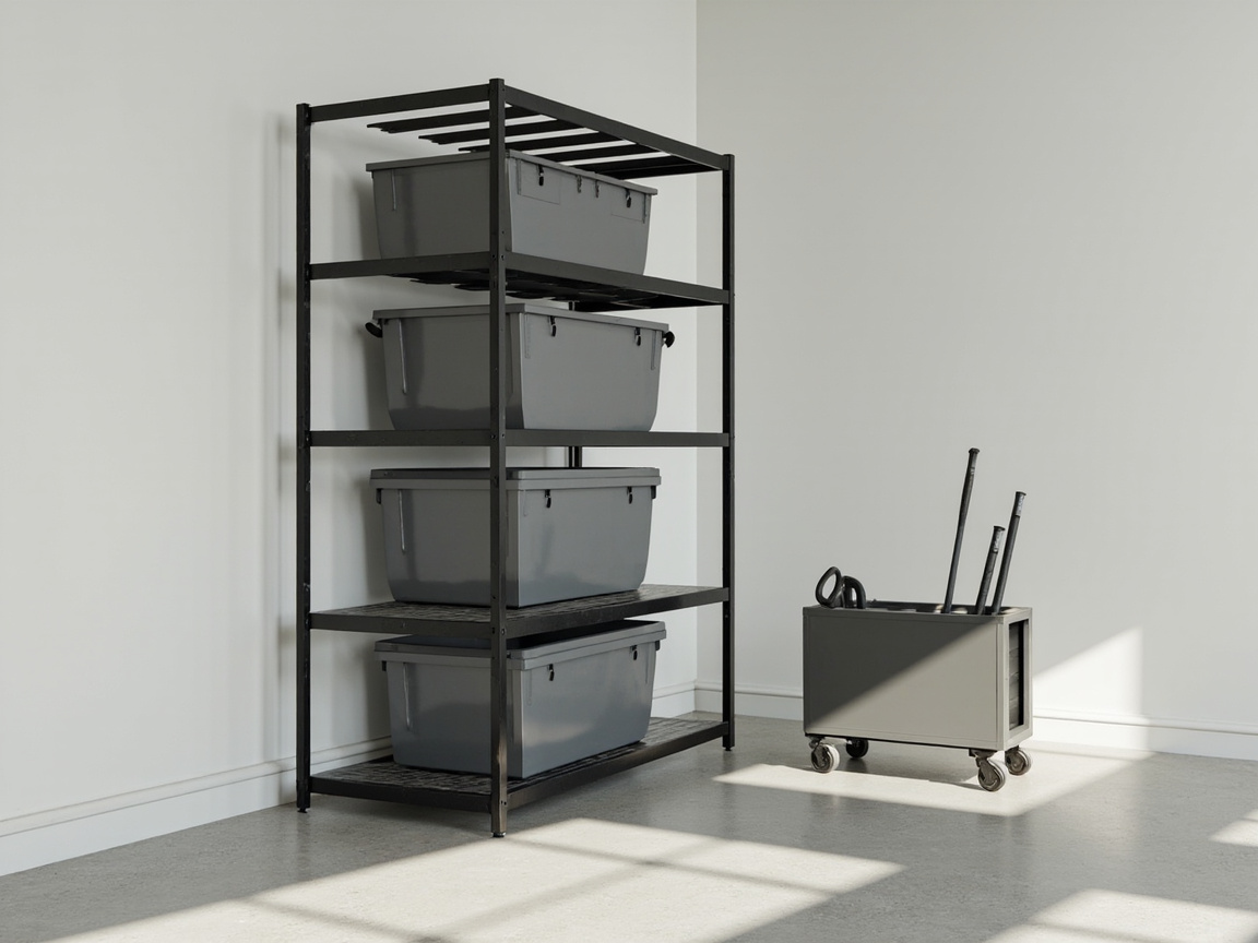 Rental-friendly garage with freestanding shelves, open bins, and rolling tool cart