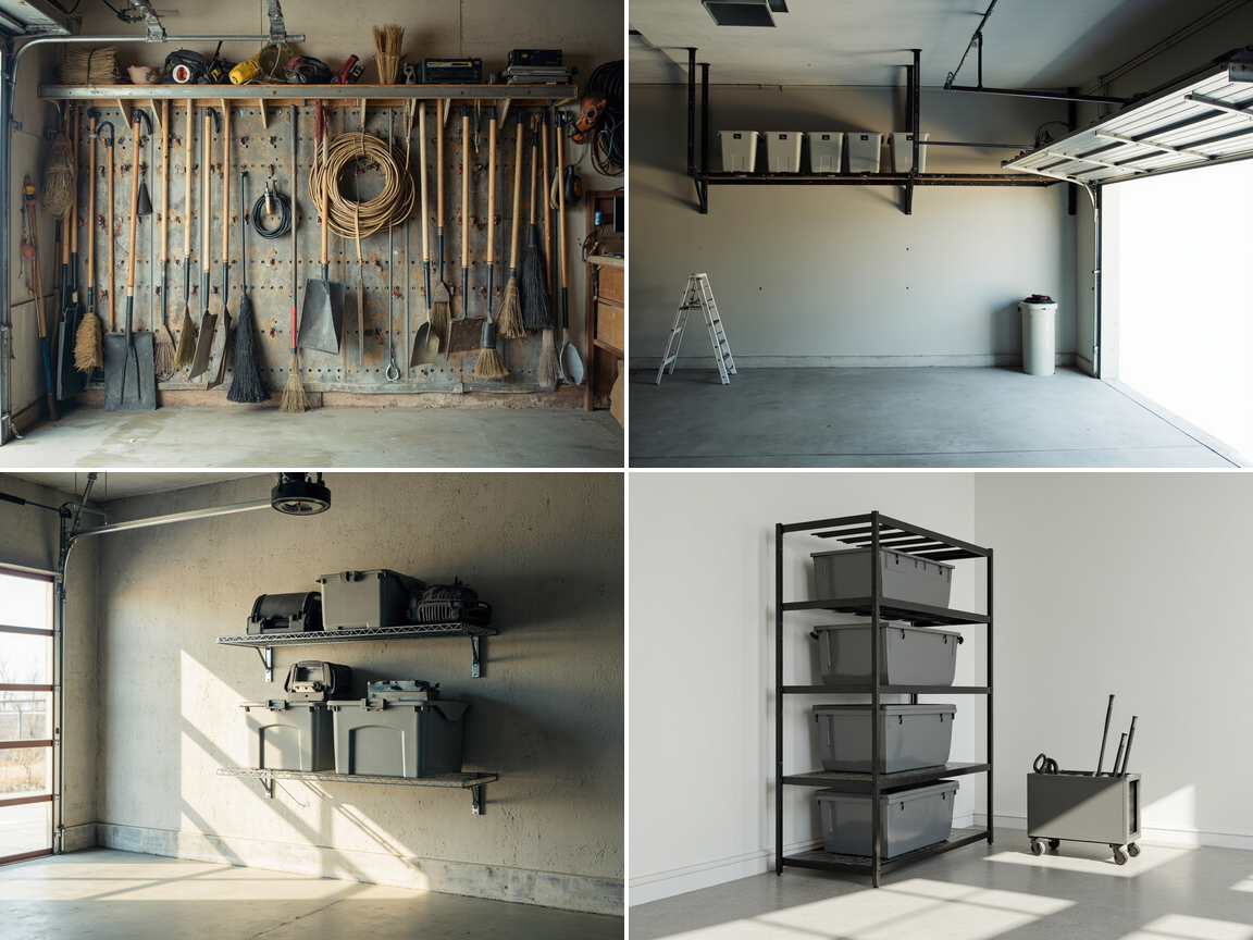 Garage bay showing four storage types in separate functional areas
