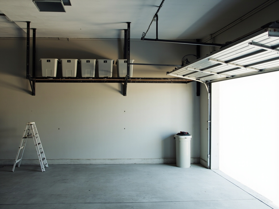 Ceiling-mounted rack holding lightweight seasonal bins with safe garage-door clearance