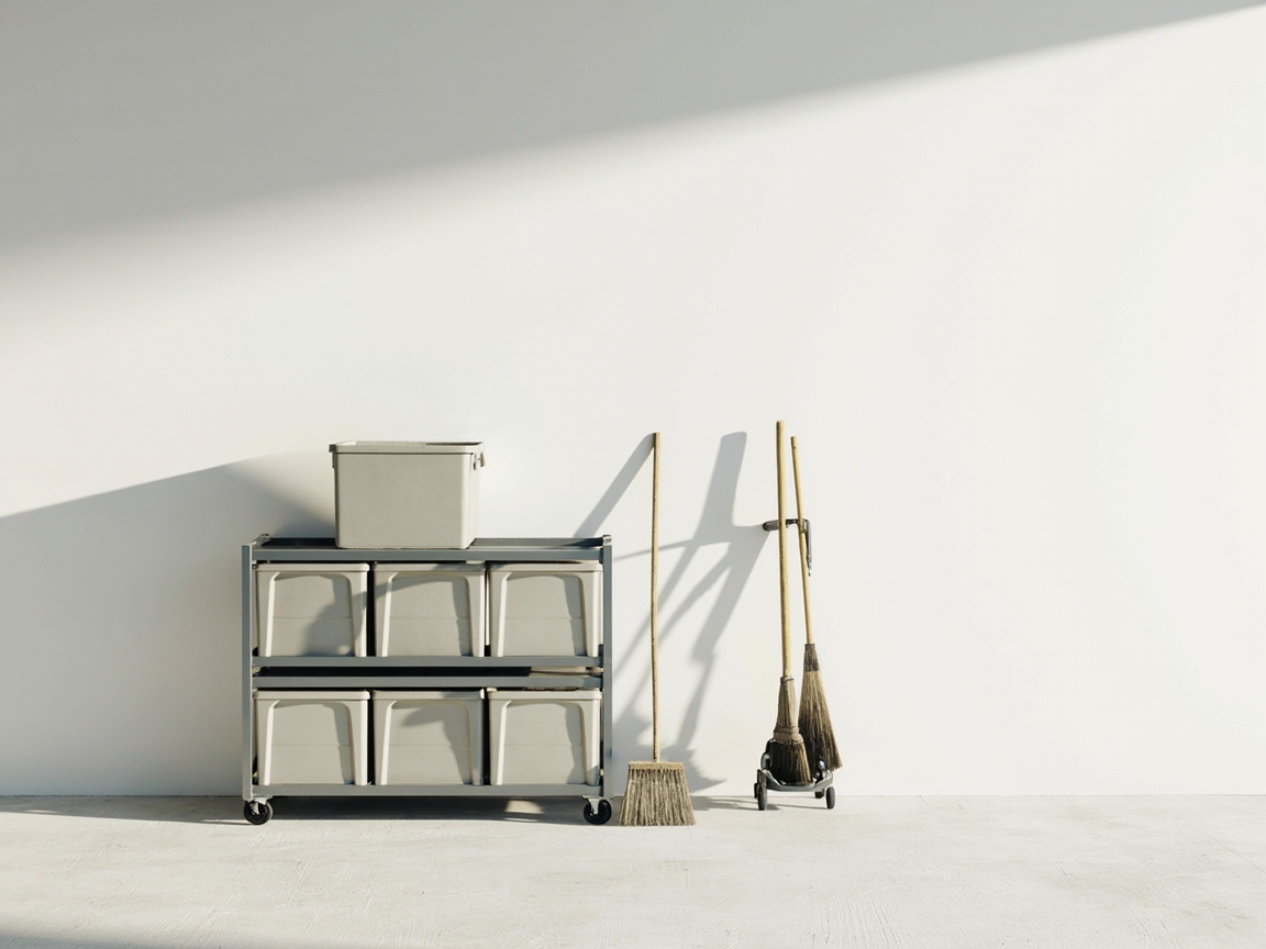 No-drill garage storage using freestanding shelves, bins, and a rolling tool stand