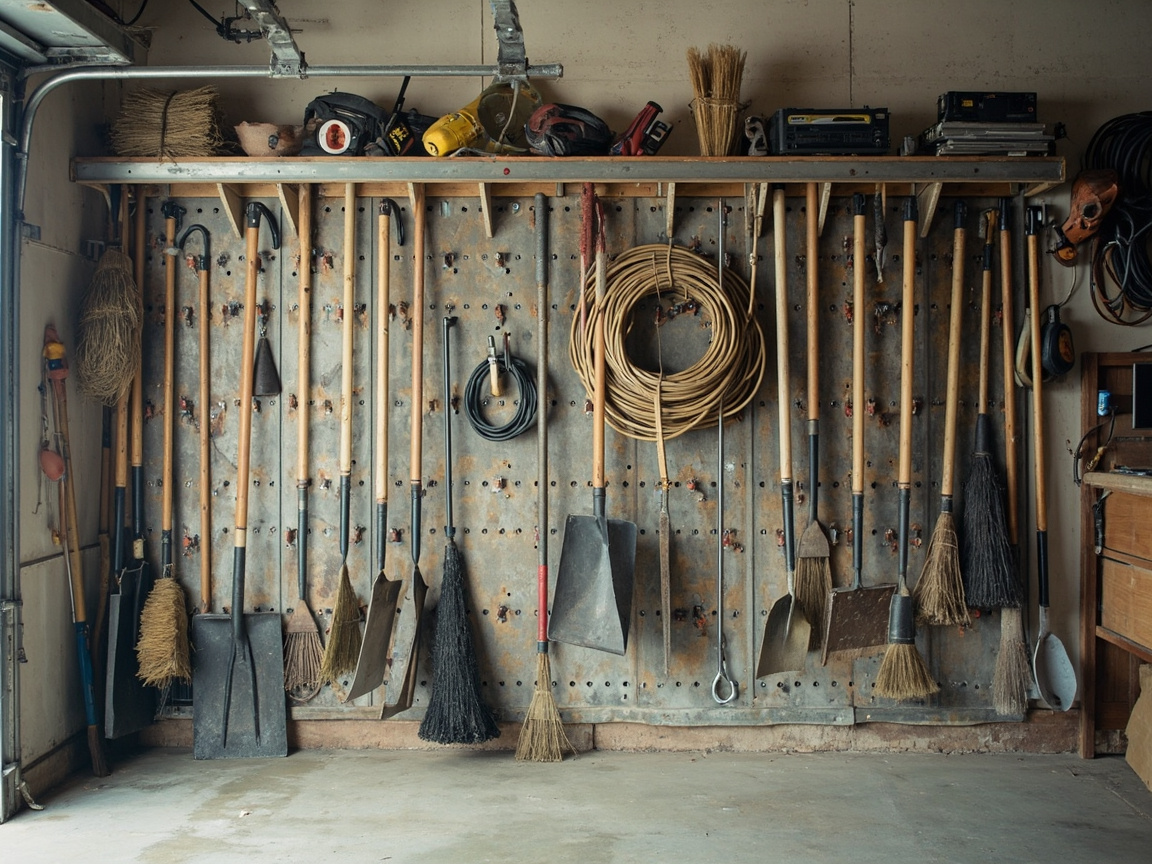 Garage wall organized with vertical tool rail and metal pegboard