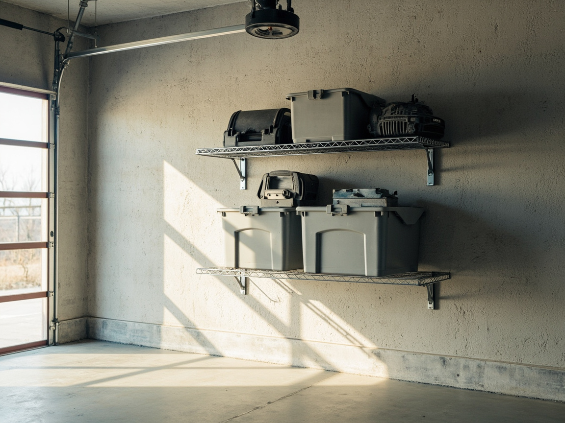 Wall-mounted garage shelves keeping bins above the car-door swing zone above
