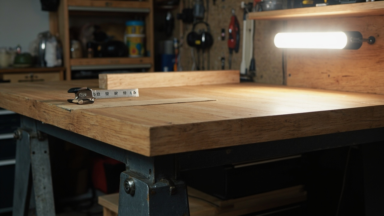 Five-panel infographic labeling weight capacity, depth, surface material, modular storage, and power for garage workbenches