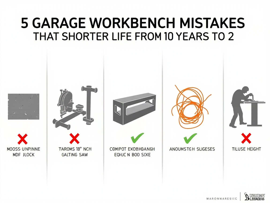 Five workbench mistakes: cheap MDF swells, shallow depth, no vise, no power strip, wrong height hunches user