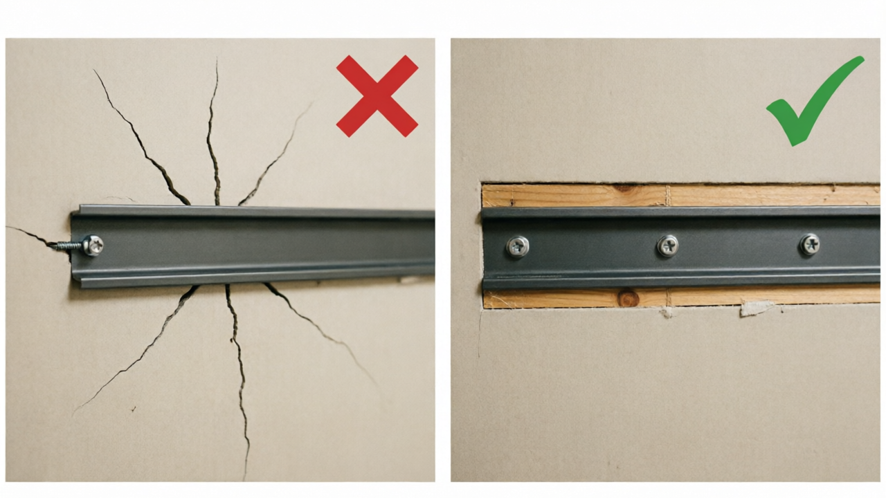 Side-by-side comparison of improper drywall mount vs proper stud mount of a steel rail